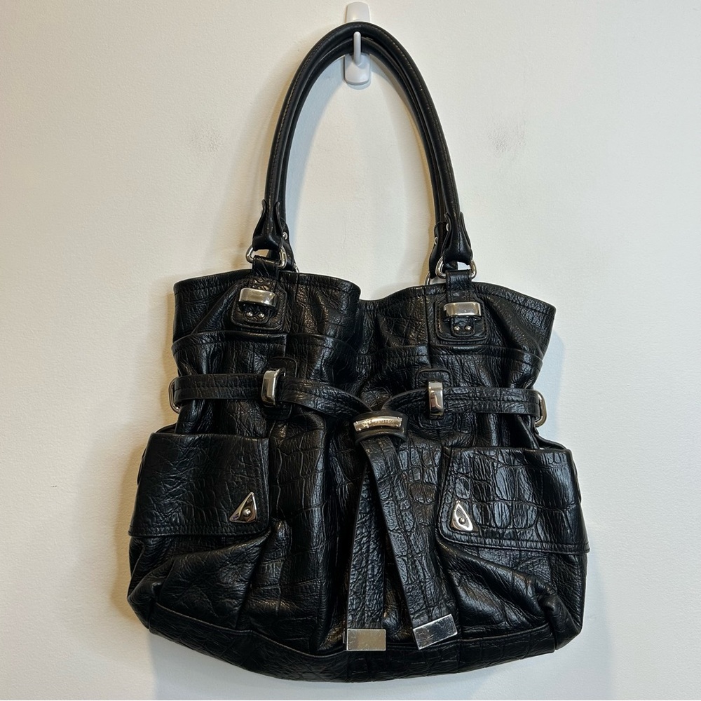 B Makowski Vintage Hobo Cinched Bucket Large Shoulder Bag Black Calf Leather